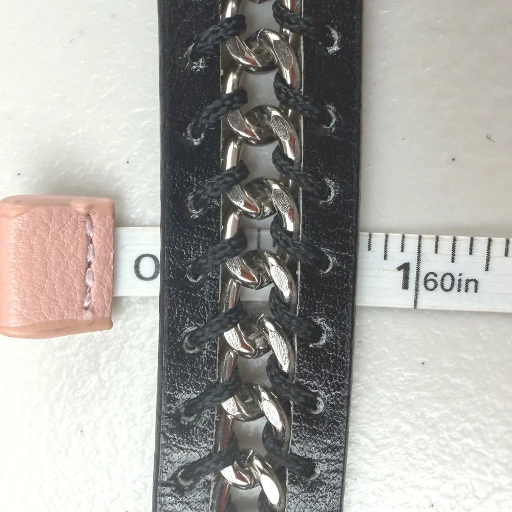 Black Faux Leather‎ Chain Link Belt Silver Buckle Edgy Punk Rock Style